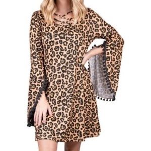 Simply Southern Women's Cheetah / Animal Print Long Bell Sleeves Pom-Pom Dress